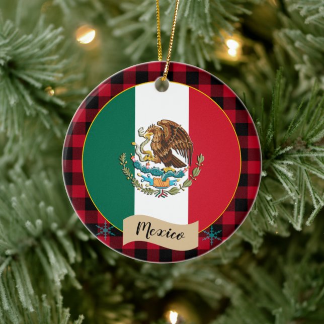 Mexiko, Red buffalo plaid & Mexikanska Flagga Julgransprydnad Keramik (Träd)