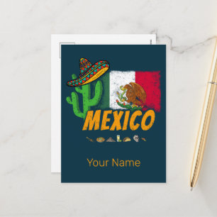 Mexiko Vintage Cactuwith Flagga Sombrero Souvenir Helg Vykort