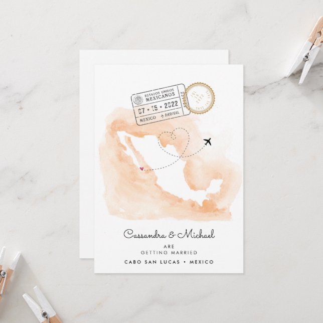 Mexiko Watercolor Karta | Cabo | Destinationsbröll (Fram/Back In Situ)