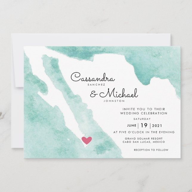 Mexiko Watercolor Karta | Cabo | Destinationsbröll Inbjudningar (Framsida)