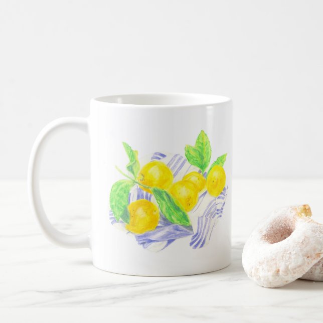 Meyer citroner på kökshandduk kaffemugg (Med munk)
