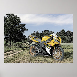 Mezzotintbygd och gultmotorcykel poster