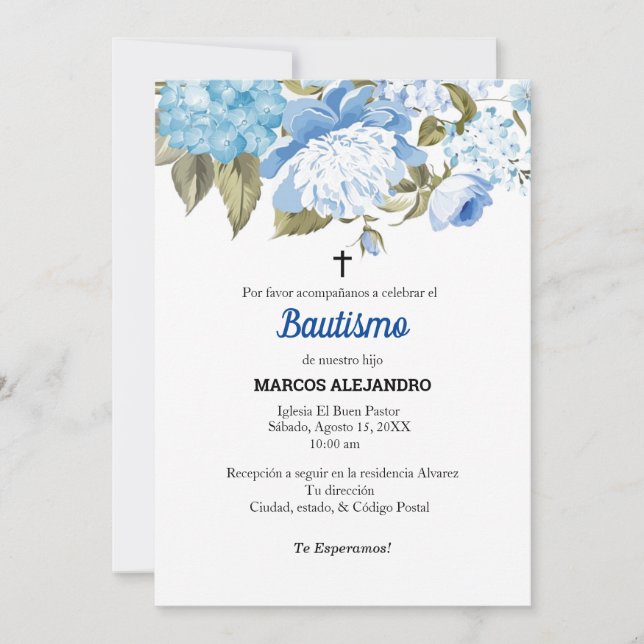 Mi Bautizo Blue Blommigt/light blue Inbjudningar (Framsida)