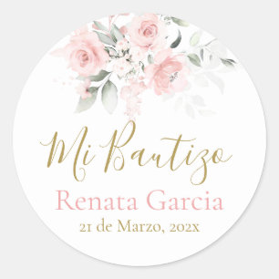 Mi Bautizo flores rosas Runt Klistermärke