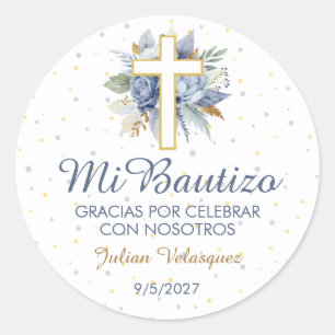 Mi Bautizo Niño Azul Flores Cruz Baptism Kor Runt Klistermärke