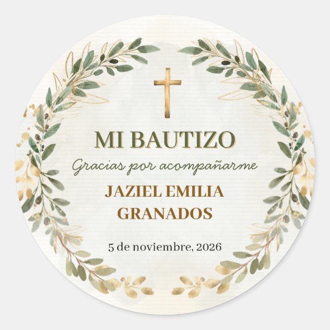 Mi Bautizo Stickers Personalized Baptism Labels Runt Klistermärke (Framsida)
