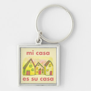 MI CASA ES SU CASA Watercolor Houses Cute Cheerful Fyrkantig Silverfärgad Nyckelring