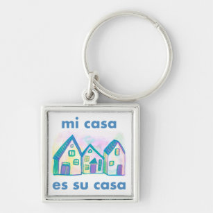 MI CASA ES SU CASA Watercolor Houses Cute Cheerful Fyrkantig Silverfärgad Nyckelring