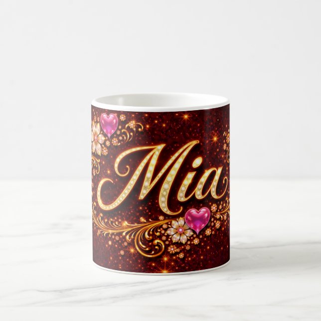 Mia Personalized Mug Pink Hearts Gold Floral Gift Kaffemugg (Center)