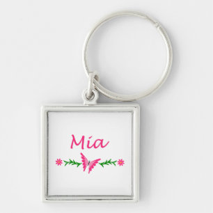 Mia (rosa fjäril) fyrkantig silverfärgad nyckelring
