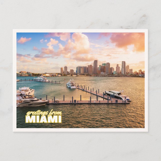 Miami Båtar & Siluett vid Solnedgång Foto Vykort (Framsida)