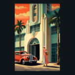 Miami Beach art deco hotell front airbrush art Poster<br><div class="desc">Stiliserad lufttorsmålning på framsidan av ett hotell i Miami Beach retro art deco stil från 1900-talet med en röd bil och kvinna i en klänning som går fram. Skapad med generativa algoritmer och Photoshop.</div>