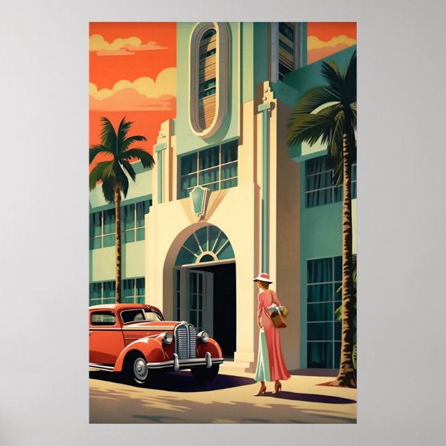 Miami Beach art deco hotell front airbrush art Poster (Framsidan)