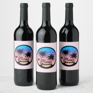 Miami Beach Blue och Rosa Handflatan Träd Vinflaska Etikett