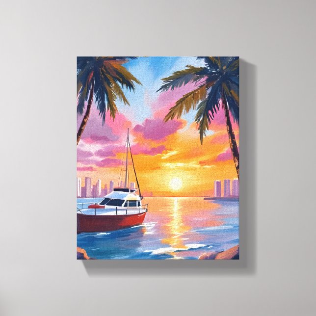 Miami Beach Boat Bay Solnedgång Akvarell Målning Canvastryck (Framsida)