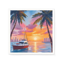 Miami Beach Boat Bay Solnedgång Akvarell Målning