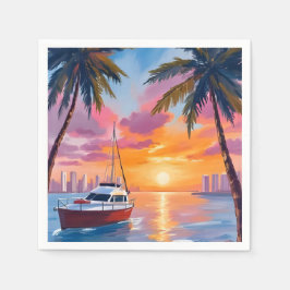 Miami Beach Boat Bay Solnedgång Akvarell Målning Pappersservett