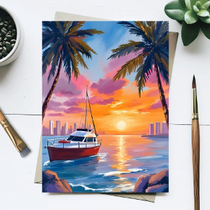 Miami Beach Boat Bay Solnedgång Akvarellmålning Vykort