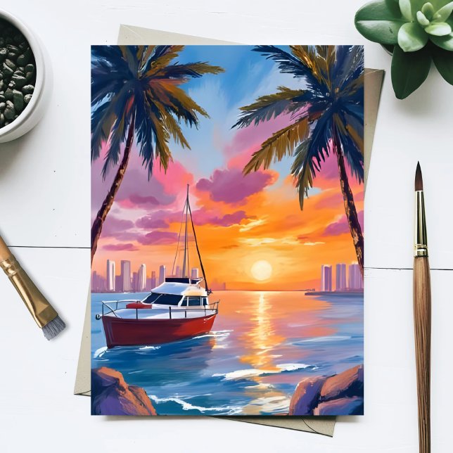 Miami Beach Boat Bay Solnedgång Akvarellmålning Vykort (Skapare uppladdad)
