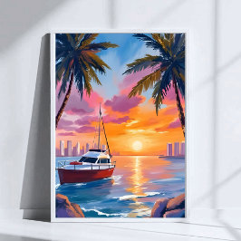 Miami Beach Boat Bay Sunset Watercolor Painting Poster