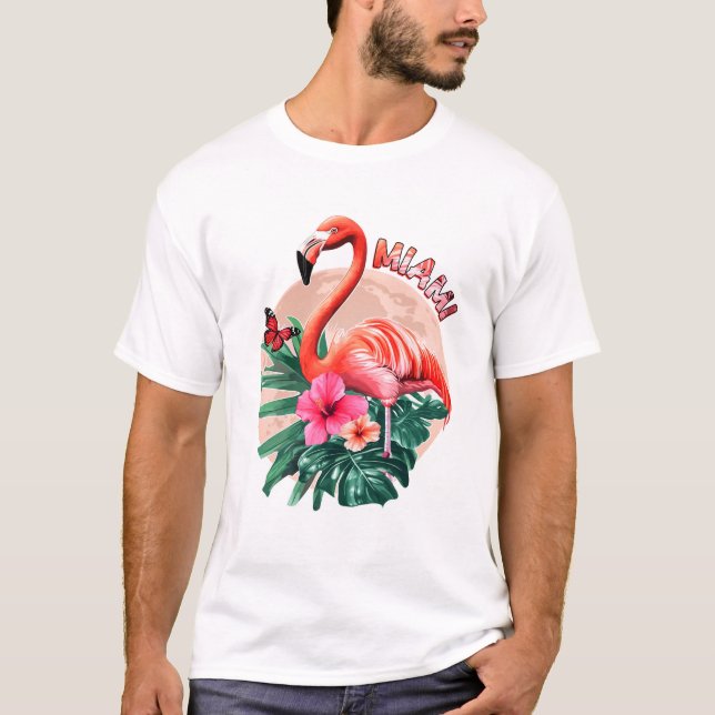 Miami Beach Florida Flamingo Sunset Flowers Miami T Shirt (Framsida)