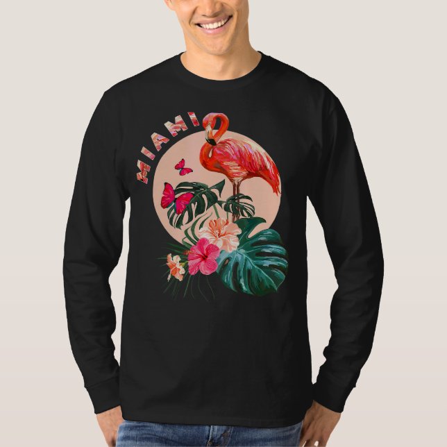 Miami Beach Florida Flamingo Sunset Flowers Miami T Shirt (Framsida)