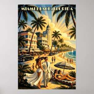 Miami Beach, Florida Retro Art Deco Färg Turism Poster