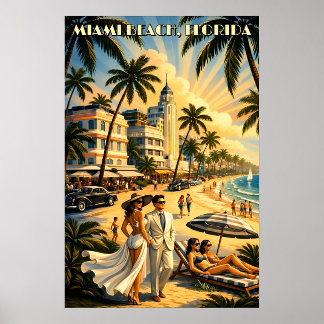 Miami Beach, Florida Retro Art Deco Färg Turism Poster (Framsidan)