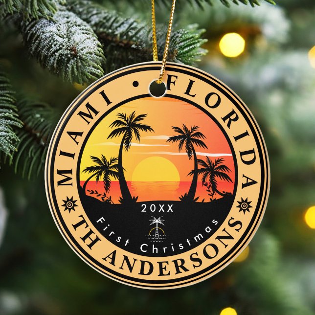 Miami Beach Florida Retro Sunset Handflatan Träd 8 Julgransprydnad Keramik (Skapare uppladdad)