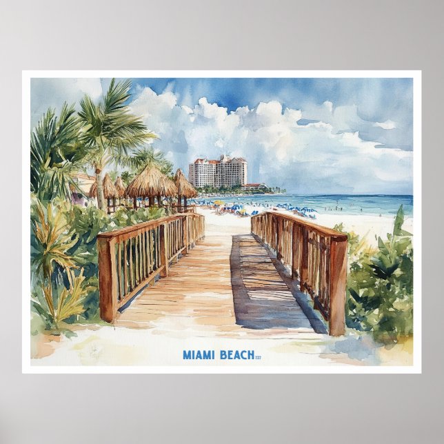 Miami Beach, Florida-vykort för målning av vattenf Poster (Framsidan)