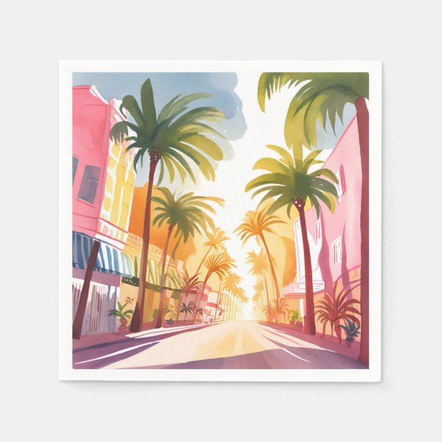 Miami Beach | Ljusfärgad akvarellmålning Pappersservett (Framsidan)