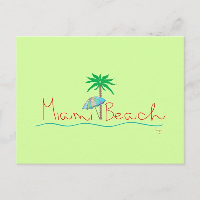Miami Beach med Handflatan och Paraplla Vykort (Framsida)
