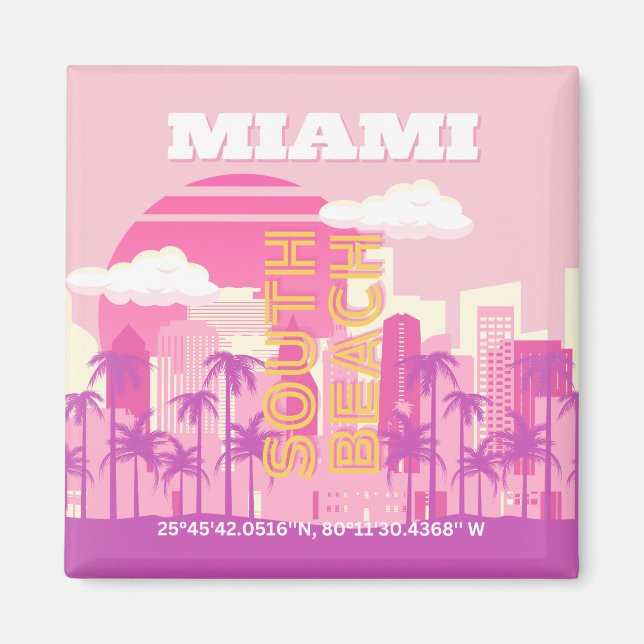 Miami Beach, Miami Travel Art, Preppy Room, Rosa Magnet (Framsidan)