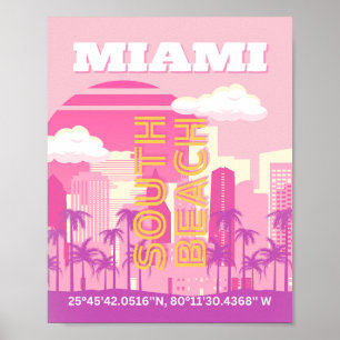 Miami Beach, Miami Travel Art, Preppy Room, Rosa Poster