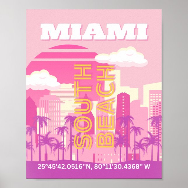 Miami Beach, Miami Travel Art, Preppy Room, Rosa Poster (Framsidan)