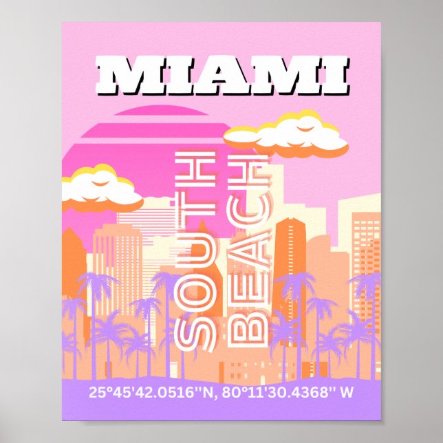 Miami Beach, Miami Travel Art, Preppy Room, Rosa Poster (Framsidan)