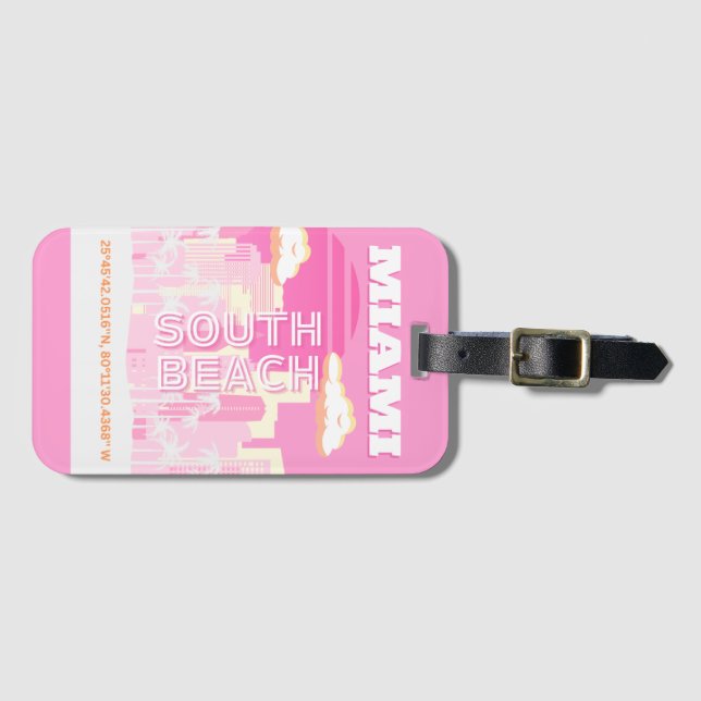 Miami Beach, Miami Travel Art, Preppy, Rosa Bagagebricka (Framsida horisontal)