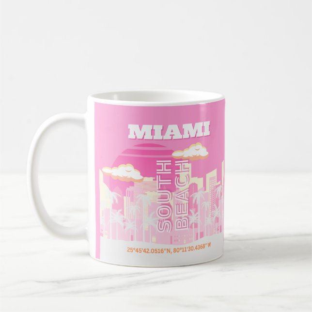 Miami Beach, Miami Travel Art, Preppy, Rosa Kaffemugg (Vänster)