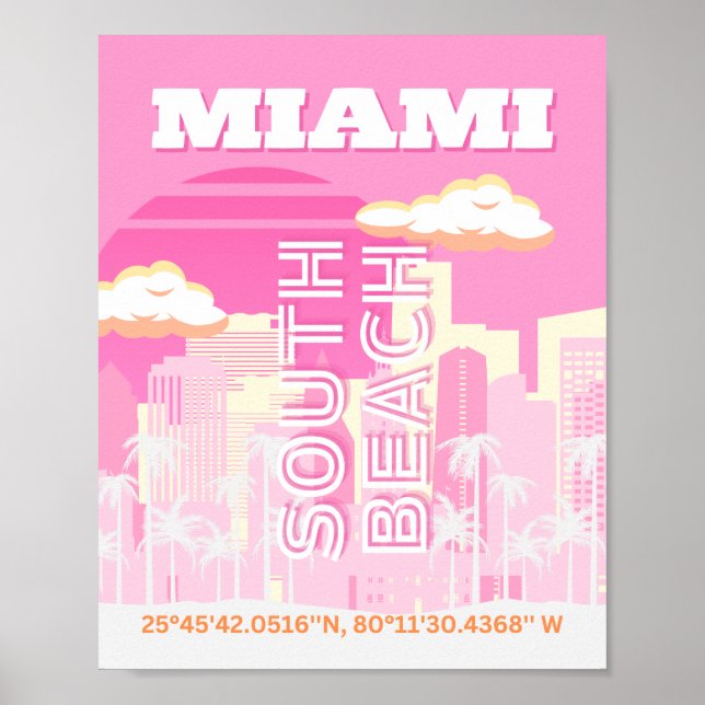 Miami Beach, Miami Travel Art, Preppy, Rosa Poster (Framsidan)