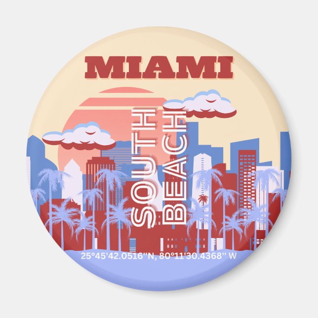 Miami Beach, Miami Travel Art, Retro Magnet (Framsidan)