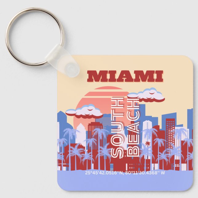 Miami Beach, Miami Travel Art, Retro Nyckelring (Framsida)