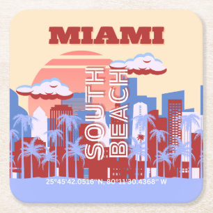 Miami Beach, Miami Travel Art, Retro Underlägg Papper Kvadrat