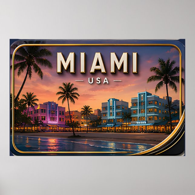 Miami Beach och Ocean Drive Solnedgång Poster (Framsidan)