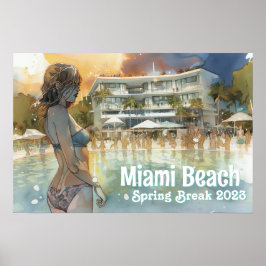 Miami Beach Påsklov Girl i Bassäng Watercolor Poster