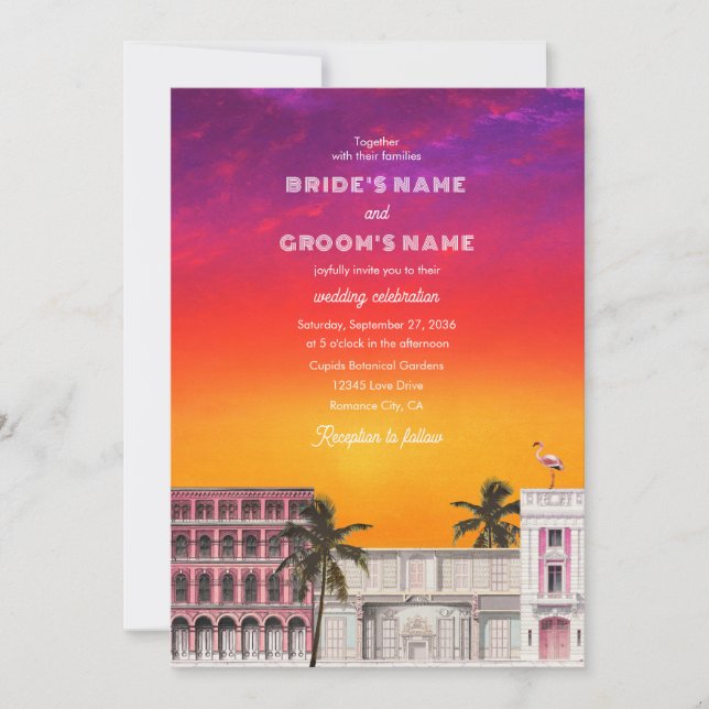 Miami Beach Regnbågsraden Charleston Palmbröllop Inbjudningar (Framsida)