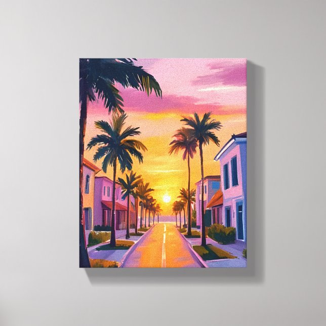 Miami Beach Solnedgång | Ocean Florida Akvarell Canvastryck (Framsida)