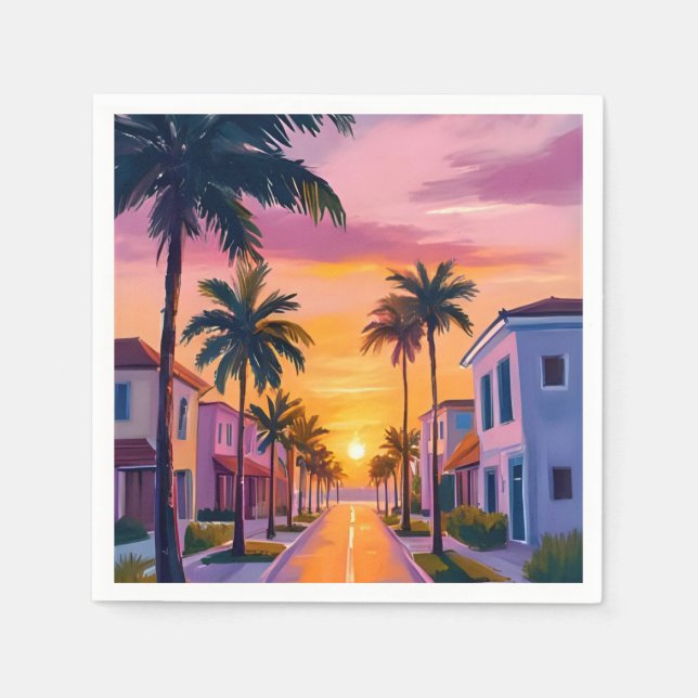 Miami Beach Solnedgång | Ocean Florida Akvarell Pappersservett (Framsidan)