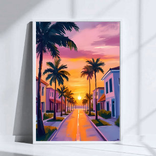 Miami Beach Solnedgång Ocean Florida Akvarell Poster
