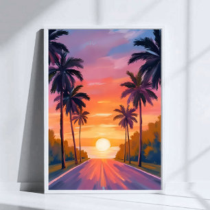 Miami Beach Solnedgång Palmträd Tropisk Poster