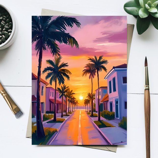 Miami Beach Sunset | Ocean Florida Watercolor Vykort (Skapare uppladdad)